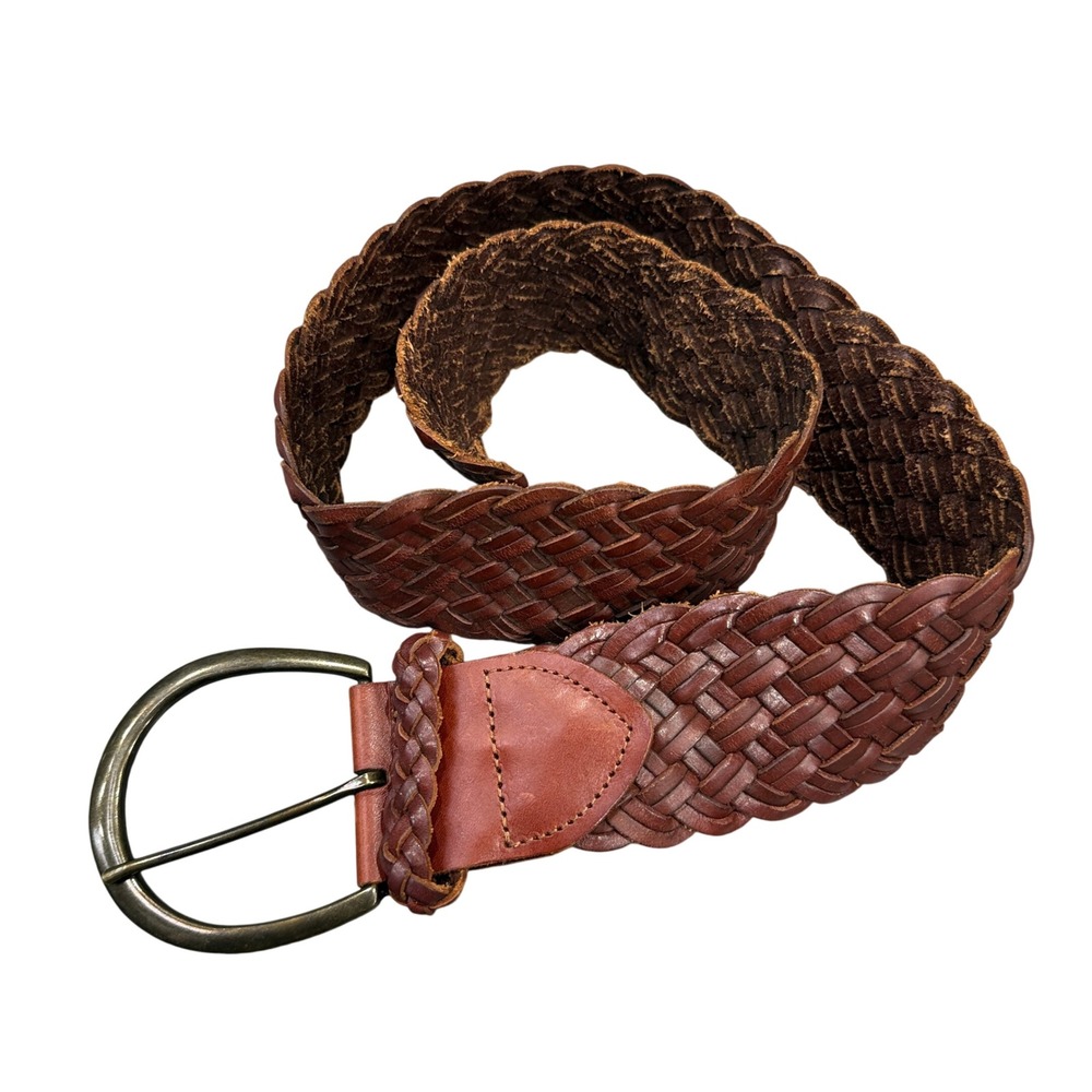 Express Woven Belt Womens Small Brown Braided Genuine Leather Wide Brass Buckle